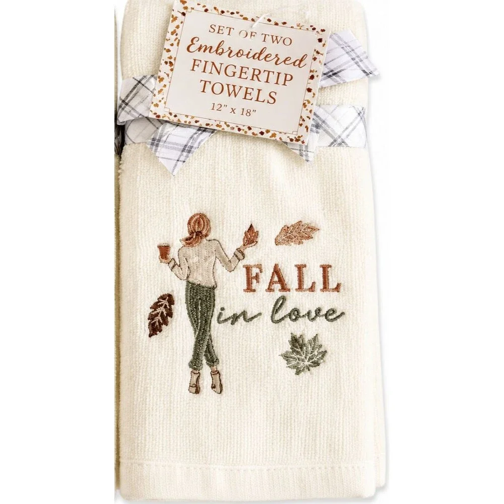 Thanksgiving Embroidered Fingertip Towels Fall in Love Ivory Leaves Set of 2